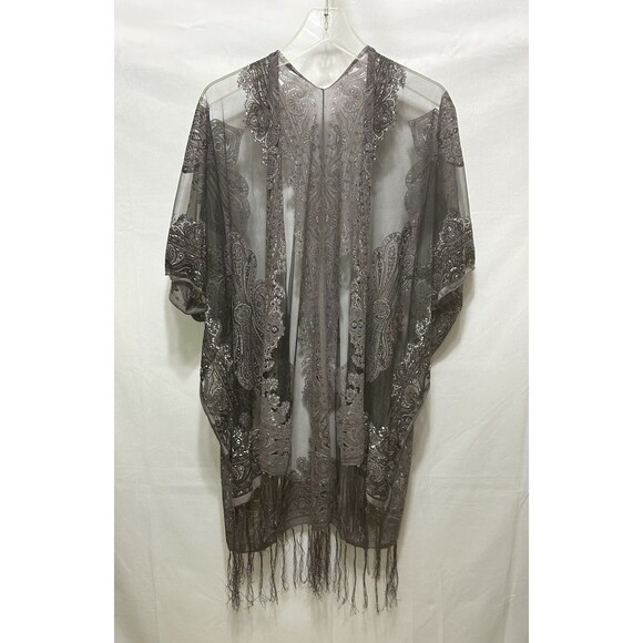 Unbranded Womens One Size Embroidered Gray Purple Shawl Kimono Duster Tassels - Picture 1 of 12